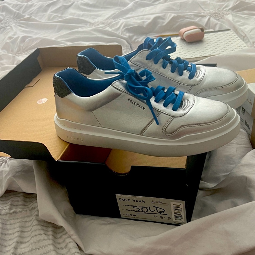 Cole Haan Metallic Silver Sneakers with Blue Laces